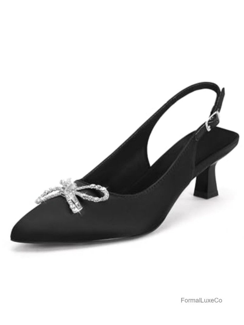 Womens Kitten Heel Satin Pumps Slingback Pointed Toe Rhinestone Bow Dress Shoes